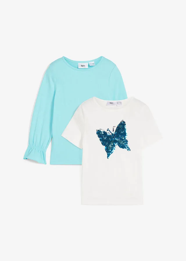 Camiseta de algodón orgánico para niñas (2 unidades) Blanco lana/celeste